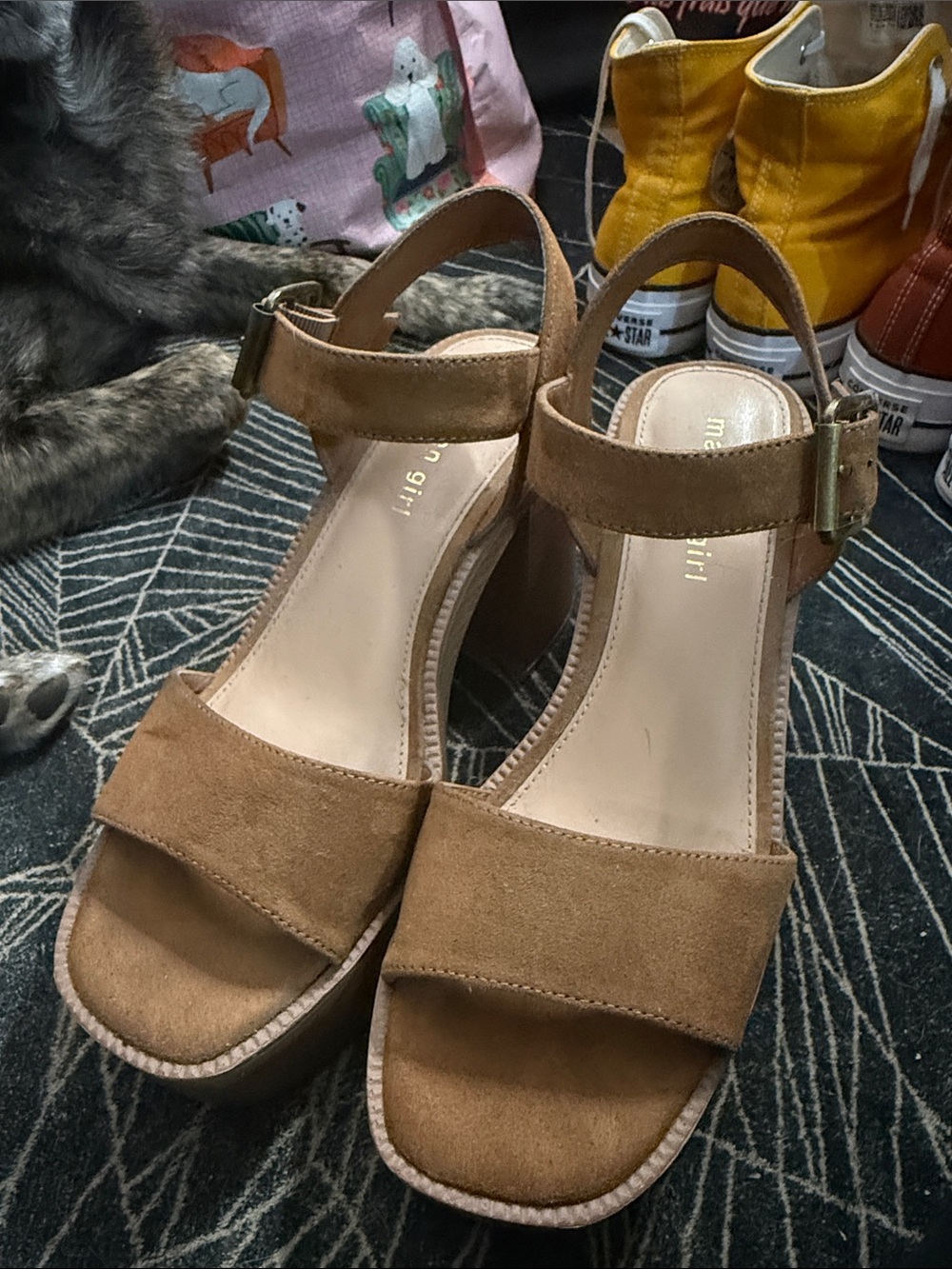 Madden Girl Tan Suede Platform Wedge Sandals with Ankle Buckle